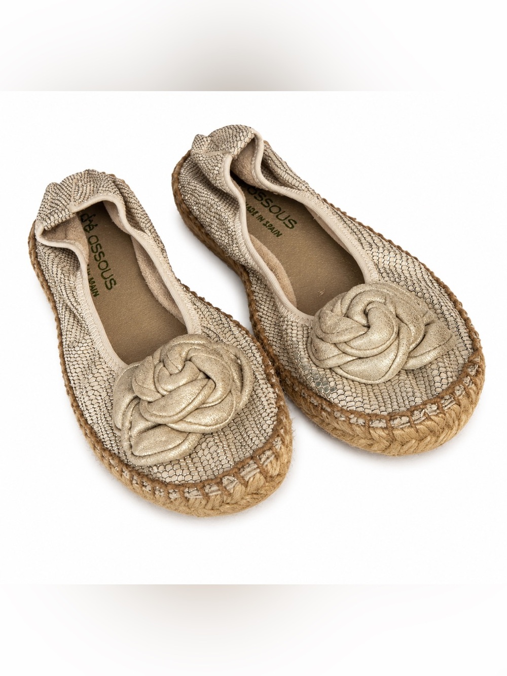 Andre Assous Metallic Gold Leather Espadrille Flats Size 6